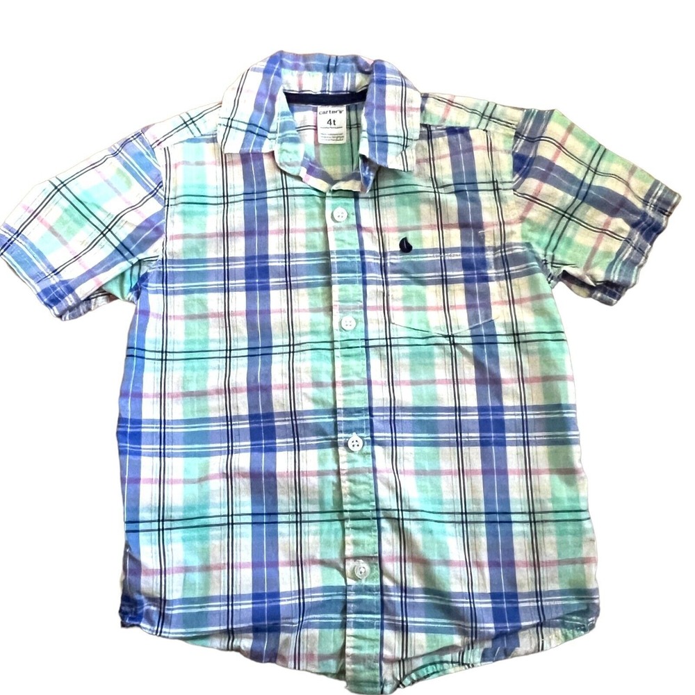 Carter's‎ Toddler Boys Multicolor Plaid Short Sleeve Button Up Sailboat Size 4T
